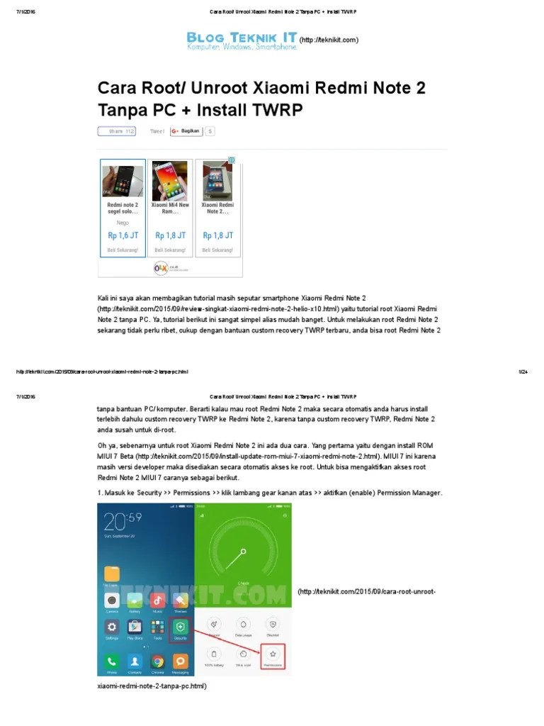 Cara Pasang Twrp Redmi Note 2 Miui 8. Cara Root - Unroot Xiaomi Redmi Note 2 Tanpa PC + Install TWRP